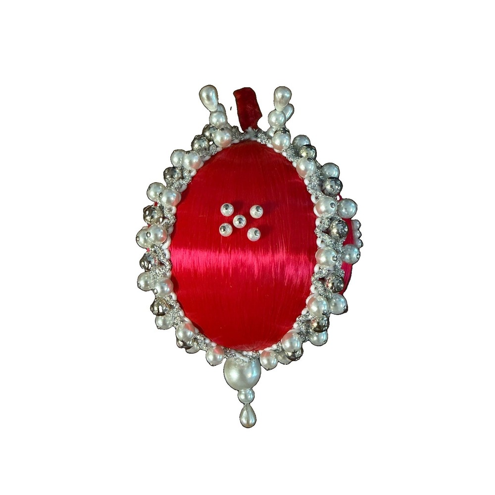 Vintage Red Satin Christmas Ornament Faux Pearl Silver Beaded Handmade 6"